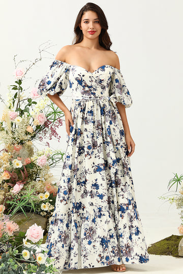 Vit Blå Blomma Boho Brudtärnklänning